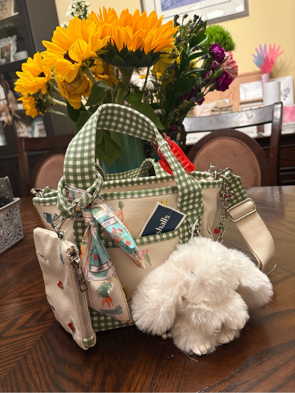 Rare Madden Girl Green Gingham Canvas Tote Bag with Bunny Plush Charm